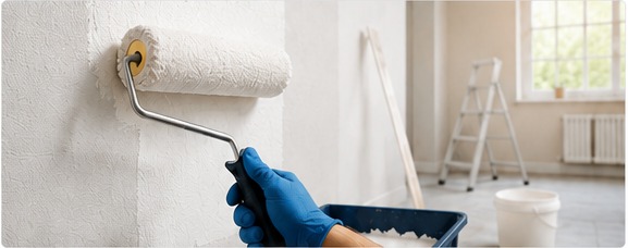 Rolo aplicando tinta em uma parede