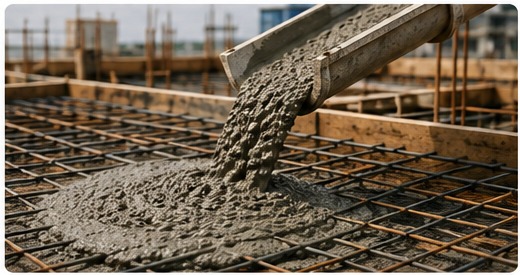 Concreto sendo lançado sobre armadura em uma obra